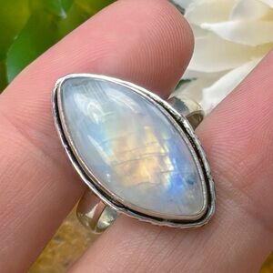 Top Quality Rainbow Moonstone Ring Size 8 Marquise Sterling Silver 925 Overlay